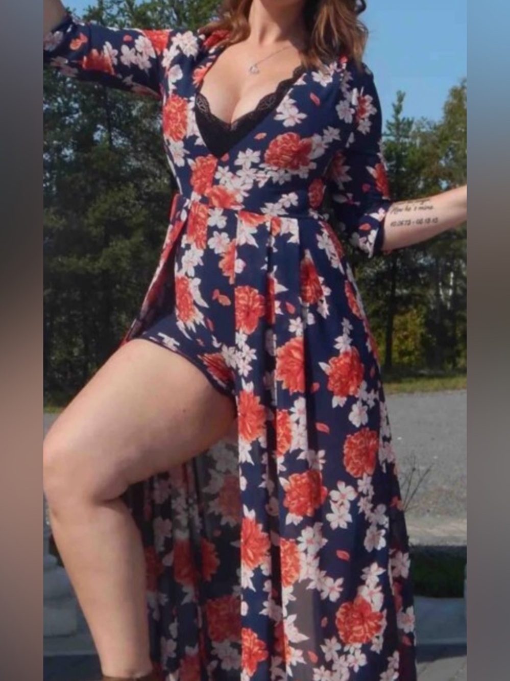 Miss Avenue Maxi Dress with Romper – Floral Print (Blue and Orange), Size S